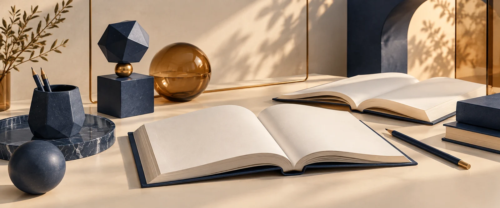 Books and geometric objects arranged on a sunlit study desk